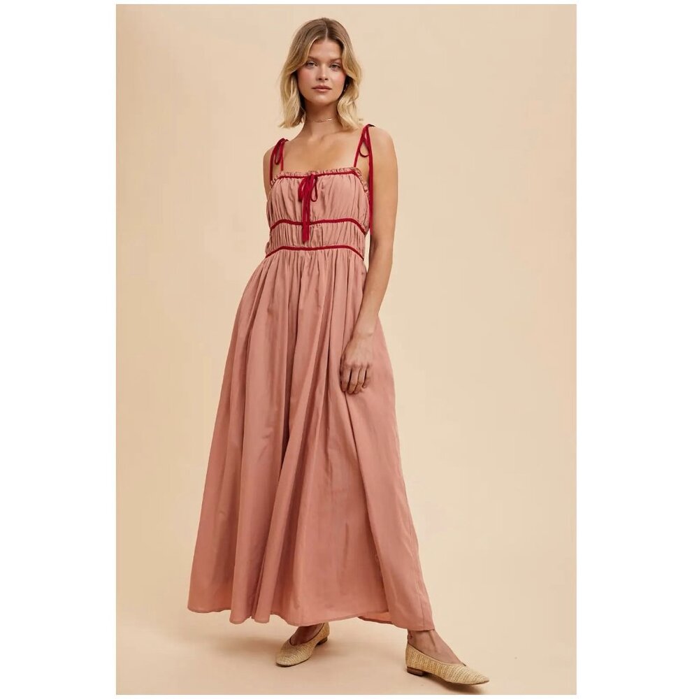 PINKBLUSH | Salmon Contrast Ribbon Trim Maxi Dress